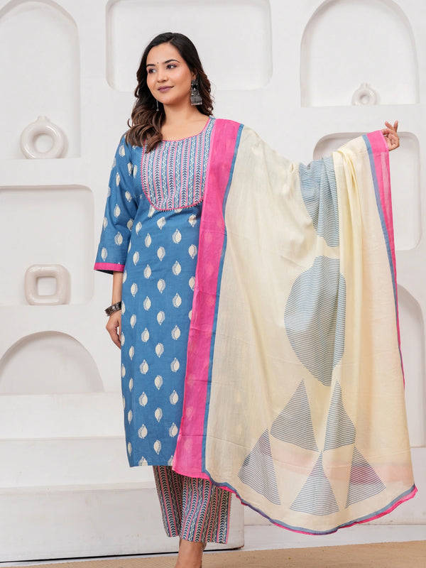 Woman in a blue Jaipur handblock printed cotton kurta with leaf motifs and a designer off-white dupatta with pink borders.
