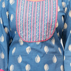 Sky Blue Buti Print Cotton Kurta Pant Set with Designer Dupatta