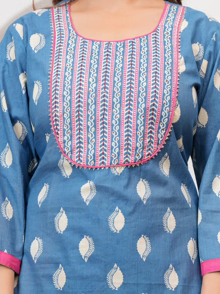 Sky Blue Buti Print Cotton Kurta Pant Set with Designer Dupatta