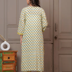 Yellow & Green Mughal Print Cotton Kurta Pant Set with Mulmul Dupatta