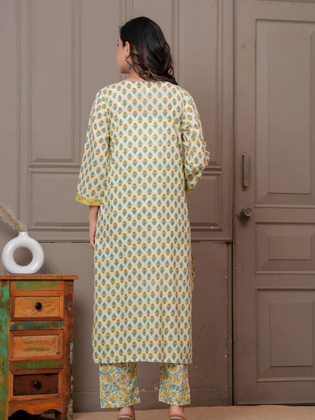 Yellow & Green Mughal Print Cotton Kurta Pant Set with Mulmul Dupatta