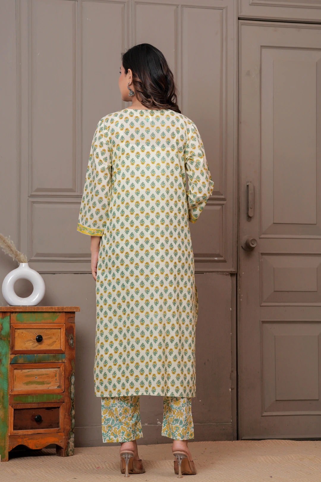 Yellow & Green Mughal Print Cotton Kurta Pant Set with Mulmul Dupatta