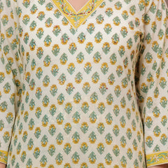 Yellow & Green Mughal Print Cotton Kurta Pant Set with Mulmul Dupatta