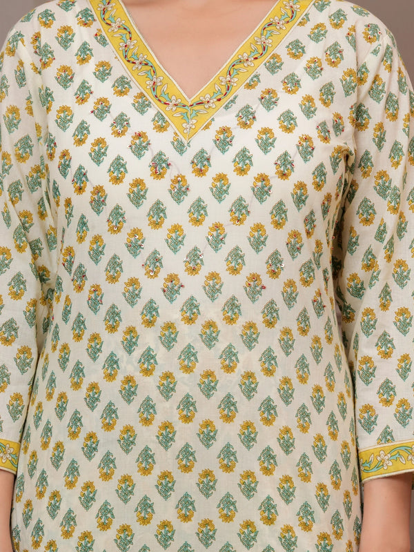 Yellow & Green Mughal Print Cotton Kurta Pant Set with Mulmul Dupatta