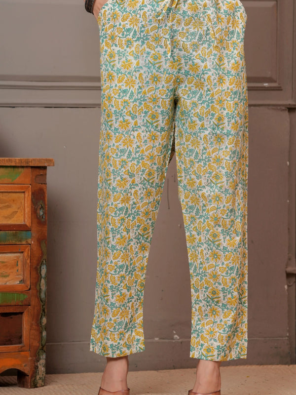 Yellow & Green Mughal Print Cotton Kurta Pant Set with Mulmul Dupatta