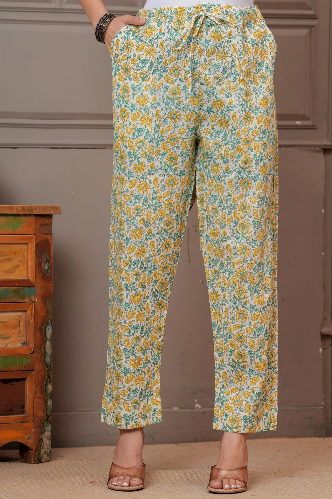 Yellow & Green Mughal Print Cotton Kurta Pant Set with Mulmul Dupatta