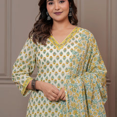Yellow & Green Mughal Print Cotton Kurta Pant Set with Mulmul Dupatta