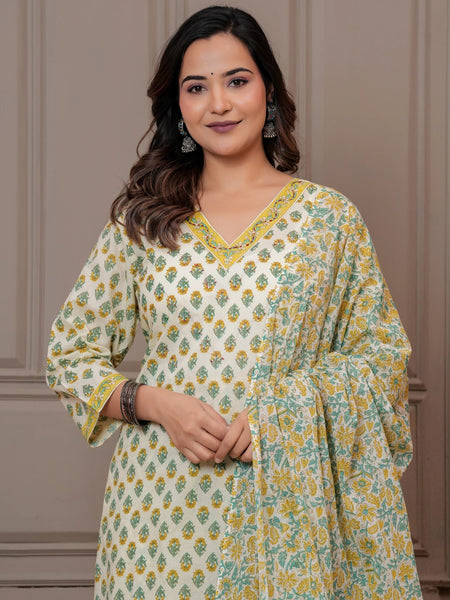 Yellow & Green Mughal Print Cotton Kurta Pant Set with Mulmul Dupatta