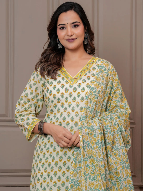 Yellow & Green Mughal Print Cotton Kurta Pant Set with Mulmul Dupatta