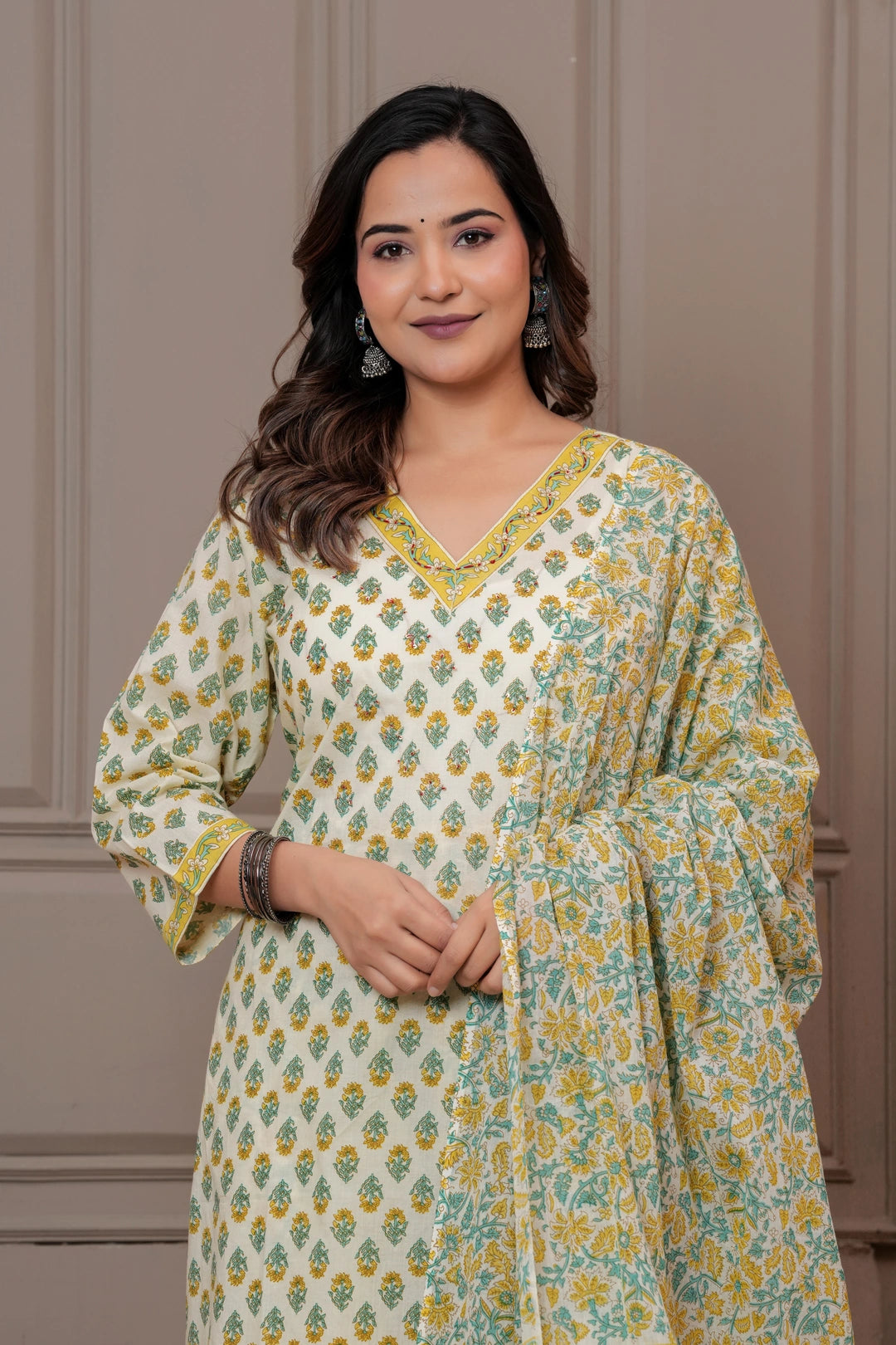 Yellow & Green Mughal Print Cotton Kurta Pant Set with Mulmul Dupatta