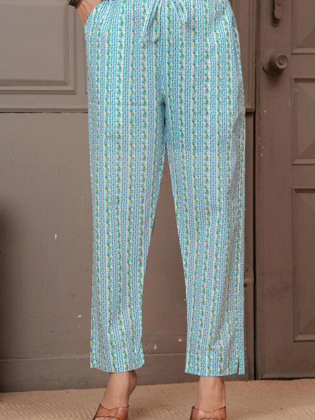 Sky Blue Multicolor Floral Print Cotton Kurta Pant Set with Mulmul Dupatta