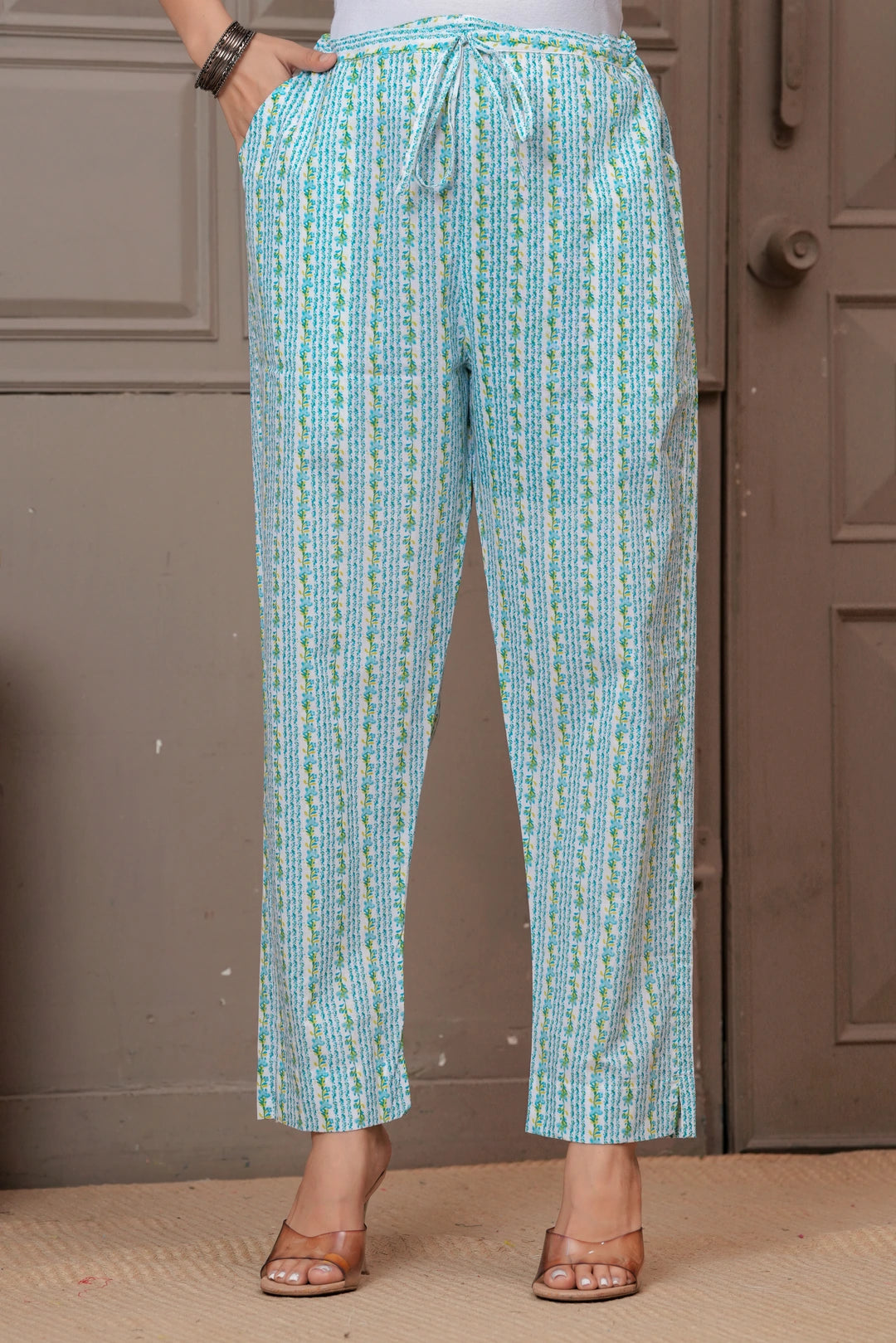 Sky Blue Multicolor Floral Print Cotton Kurta Pant Set with Mulmul Dupatta