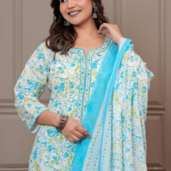 Sky Blue Multicolor Floral Print Cotton Kurta Pant Set with Mulmul Dupatta