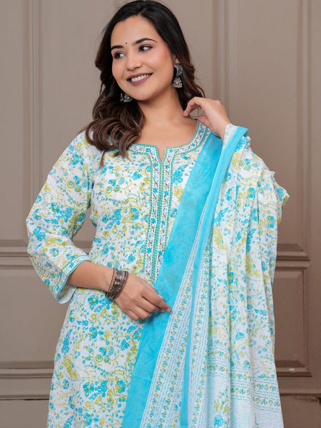 Sky Blue Multicolor Floral Print Cotton Kurta Pant Set with Mulmul Dupatta