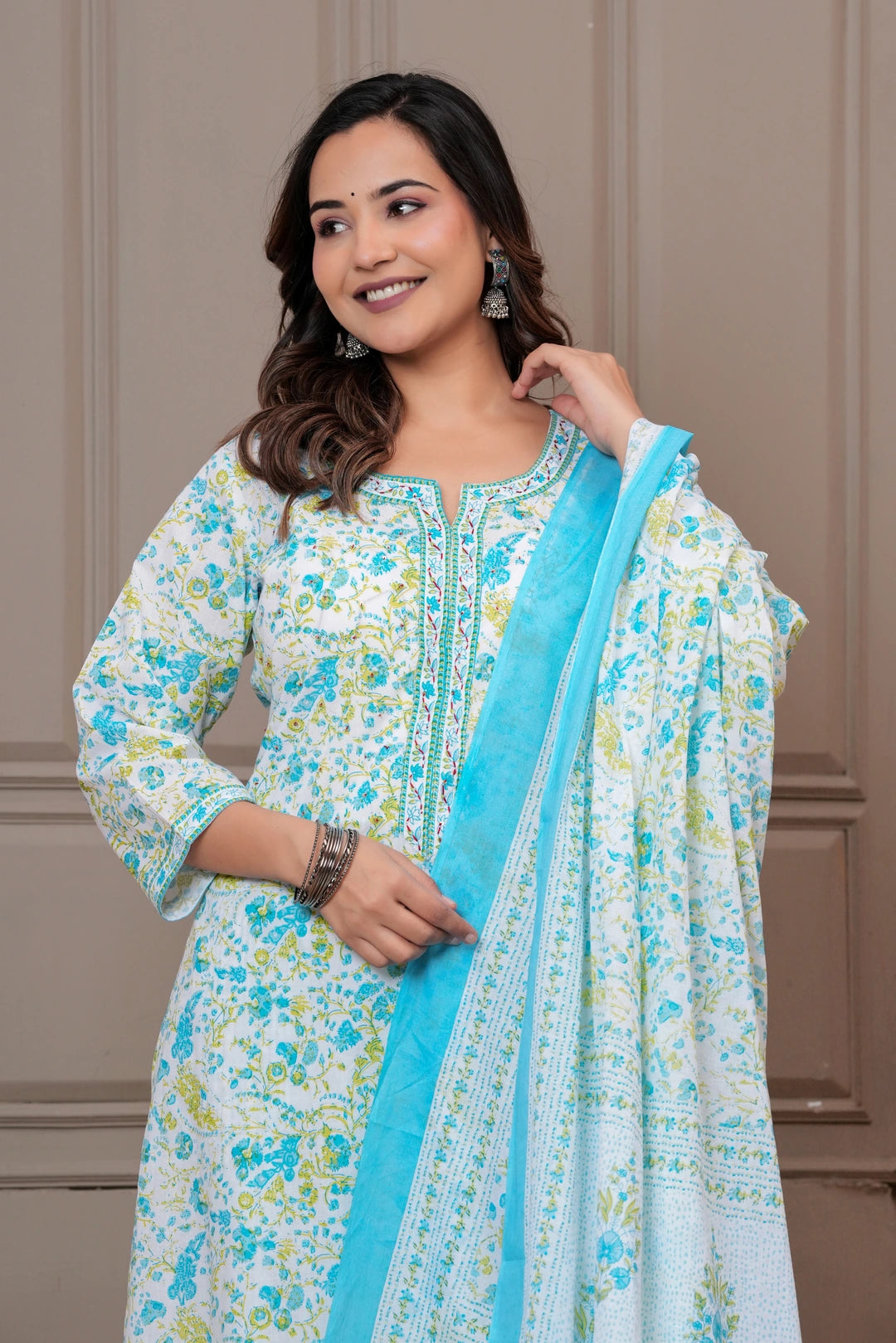Sky Blue Multicolor Floral Print Cotton Kurta Pant Set with Mulmul Dupatta