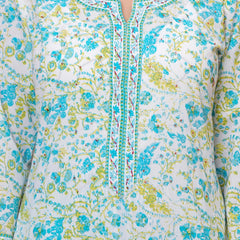 Sky Blue Multicolor Floral Print Cotton Kurta Pant Set with Mulmul Dupatta