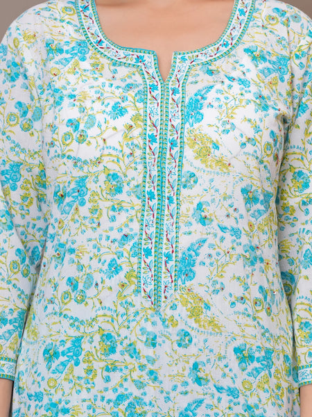 Sky Blue Multicolor Floral Print Cotton Kurta Pant Set with Mulmul Dupatta