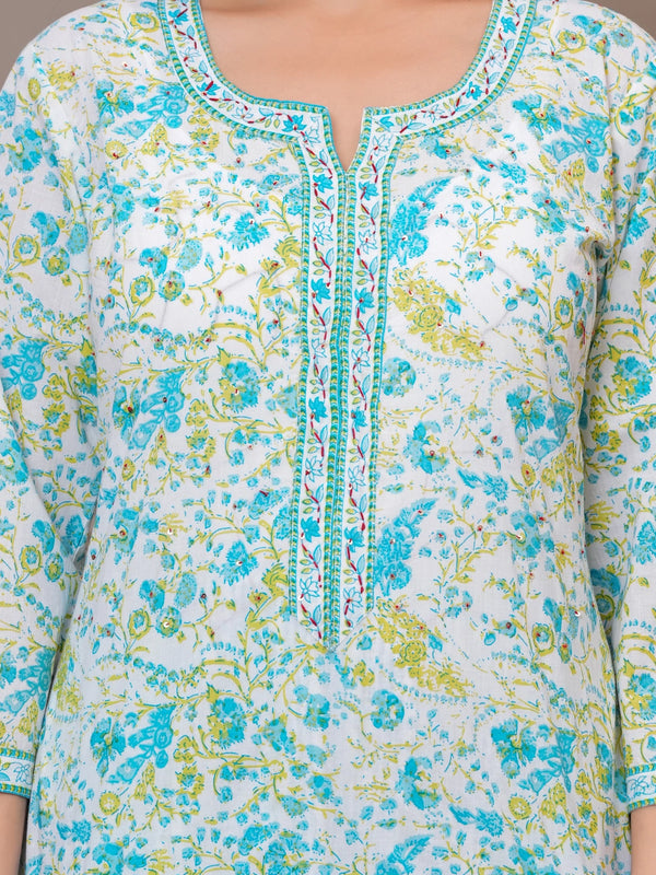 Sky Blue Multicolor Floral Print Cotton Kurta Pant Set with Mulmul Dupatta