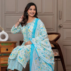 Sky Blue Multicolor Floral Print Cotton Kurta Pant Set with Mulmul Dupatta