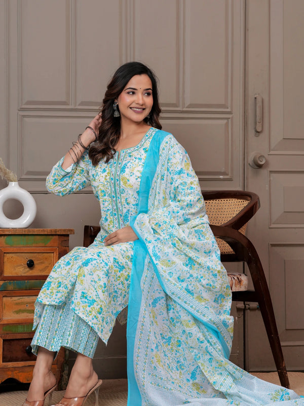 Sky Blue Multicolor Floral Print Cotton Kurta Pant Set with Mulmul Dupatta