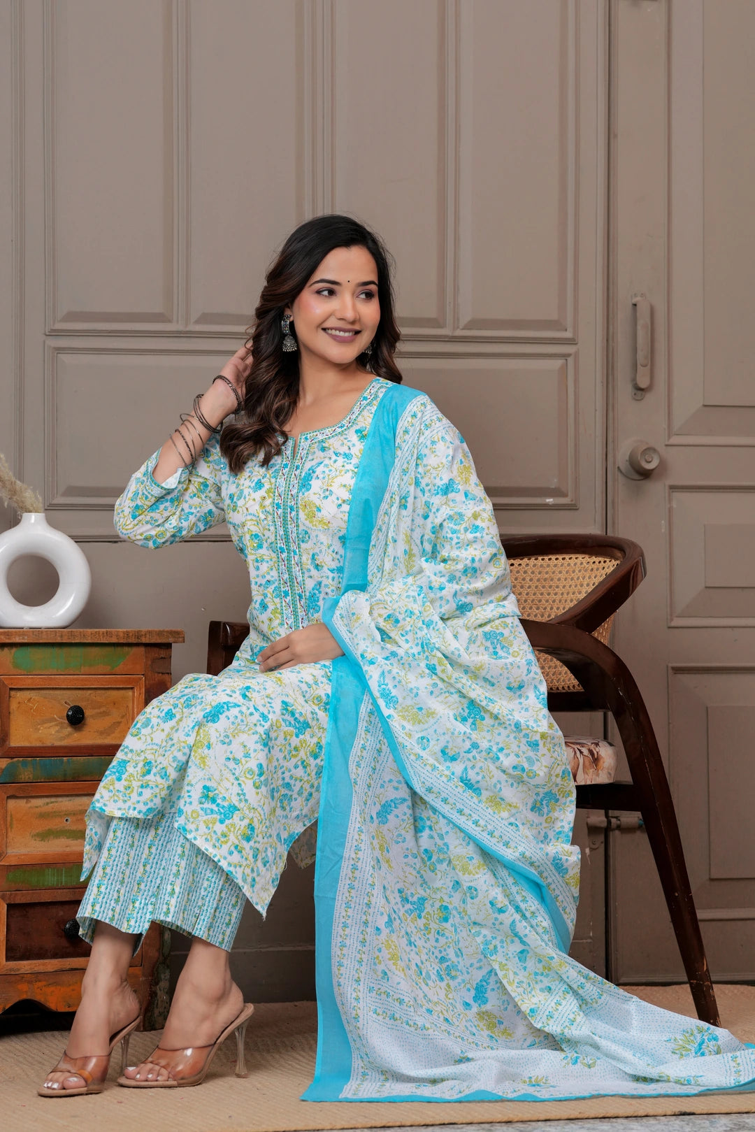 Sky Blue Multicolor Floral Print Cotton Kurta Pant Set with Mulmul Dupatta
