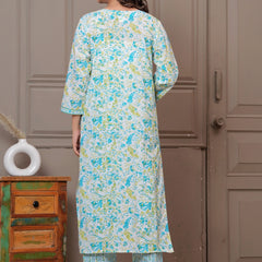 Sky Blue Multicolor Floral Print Cotton Kurta Pant Set with Mulmul Dupatta