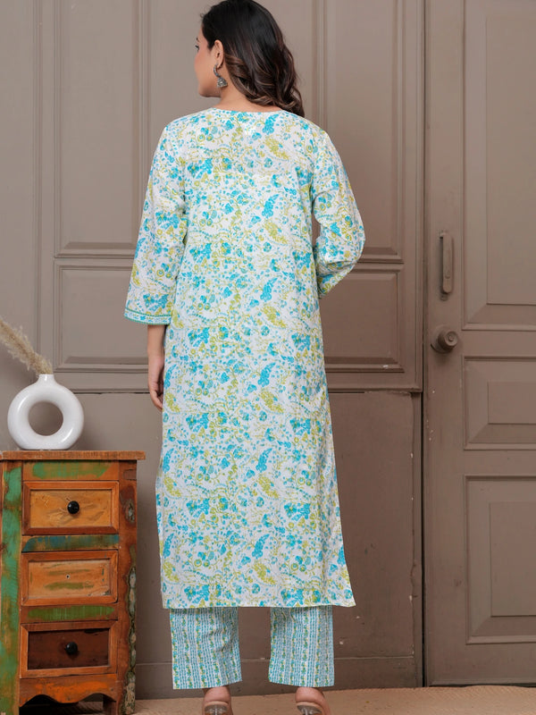 Sky Blue Multicolor Floral Print Cotton Kurta Pant Set with Mulmul Dupatta