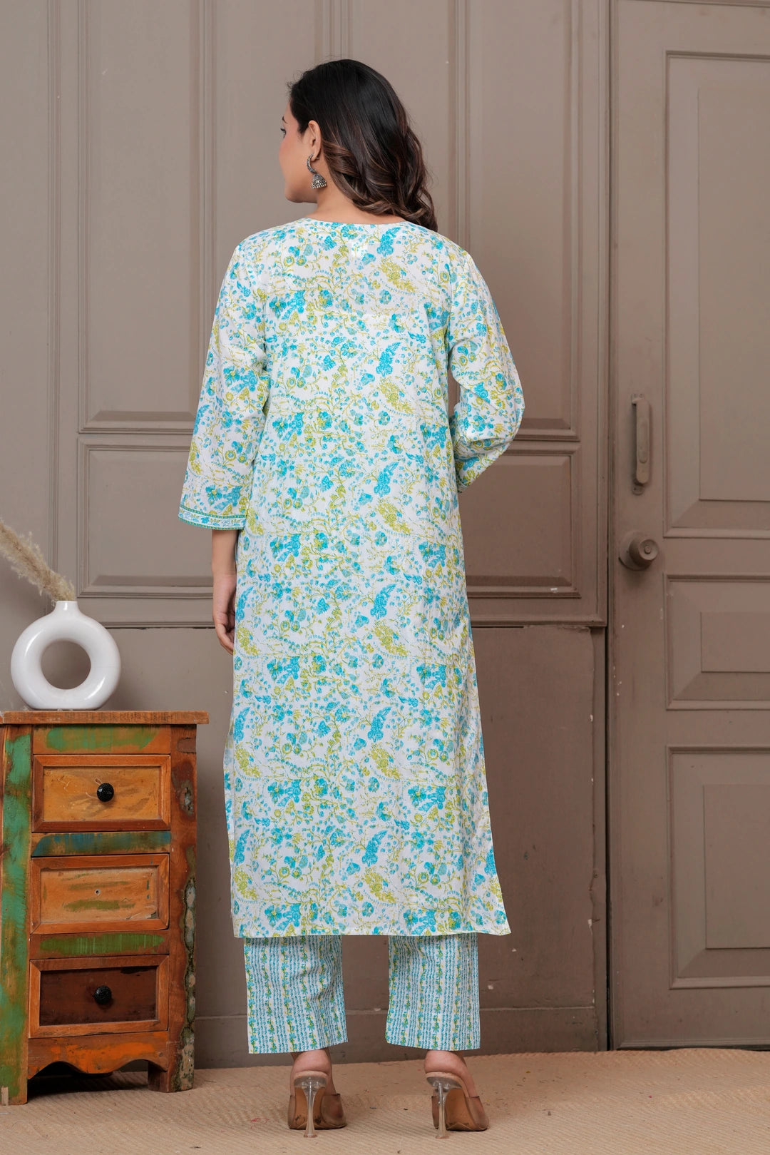 Sky Blue Multicolor Floral Print Cotton Kurta Pant Set with Mulmul Dupatta