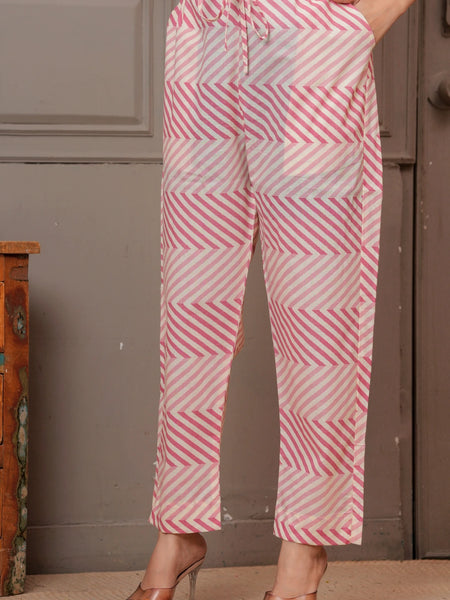 Blush Pink Buta Print Cotton Kurta Pant Set with Leheriya Mulmul Dupatta