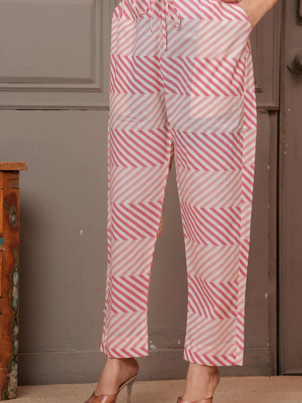 Blush Pink Buta Print Cotton Kurta Pant Set with Leheriya Mulmul Dupatta
