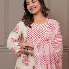 Blush Pink Buta Print Cotton Kurta Pant Set with Leheriya Mulmul Dupatta
