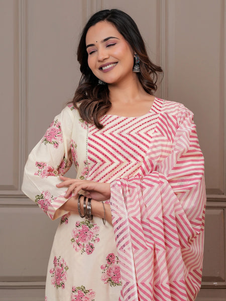Blush Pink Buta Print Cotton Kurta Pant Set with Leheriya Mulmul Dupatta