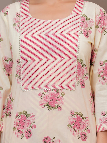 Blush Pink Buta Print Cotton Kurta Pant Set with Leheriya Mulmul Dupatta