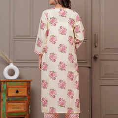 Blush Pink Buta Print Cotton Kurta Pant Set with Leheriya Mulmul Dupatta