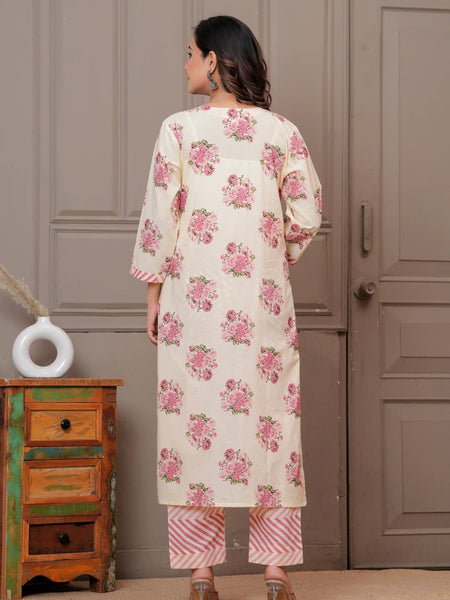 Blush Pink Buta Print Cotton Kurta Pant Set with Leheriya Mulmul Dupatta