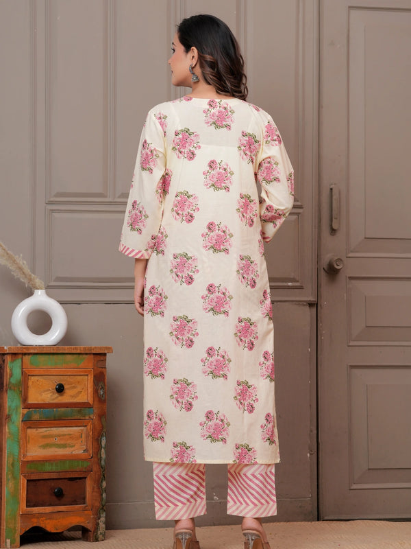 Blush Pink Buta Print Cotton Kurta Pant Set with Leheriya Mulmul Dupatta
