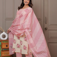 Blush Pink Buta Print Cotton Kurta Pant Set with Leheriya Mulmul Dupatta