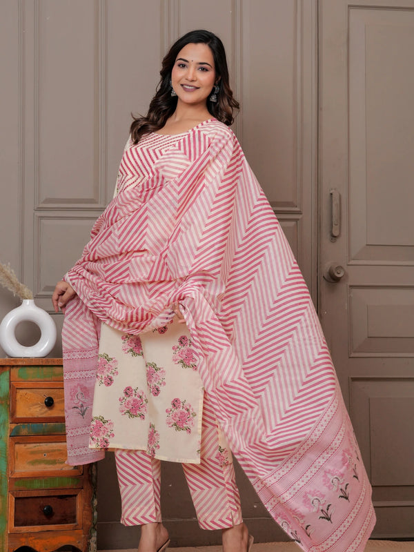 Blush Pink Buta Print Cotton Kurta Pant Set with Leheriya Mulmul Dupatta