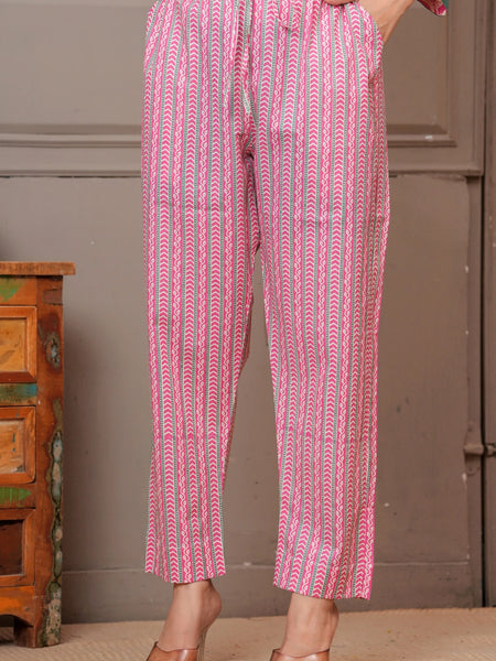 Pink Sanganeri Buti Print Cotton Kurta Pant Set with Mulmul Dupatta