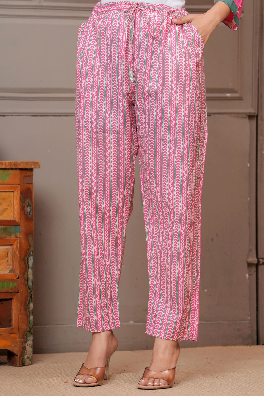 Pink Sanganeri Buti Print Cotton Kurta Pant Set with Mulmul Dupatta