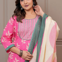 Pink Sanganeri Buti Print Cotton Kurta Pant Set with Mulmul Dupatta