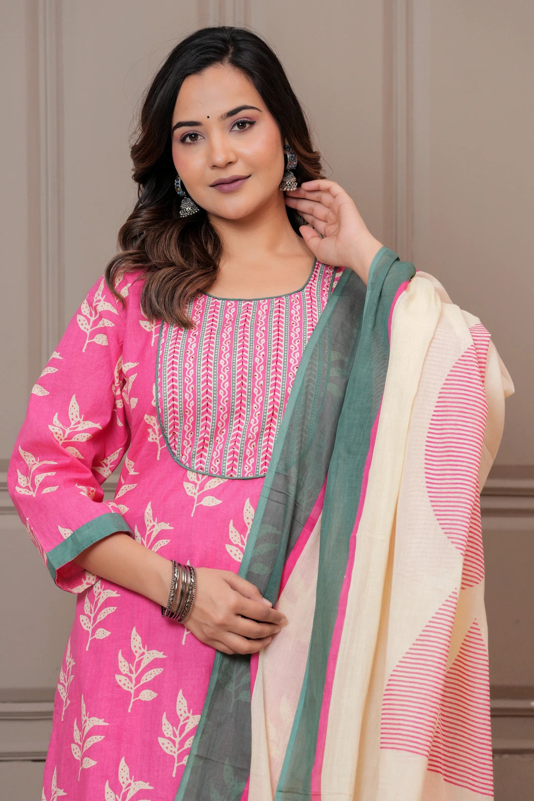 Pink Sanganeri Buti Print Cotton Kurta Pant Set with Mulmul Dupatta