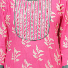 Pink Sanganeri Buti Print Cotton Kurta Pant Set with Mulmul Dupatta