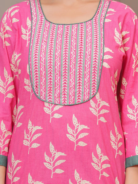 Pink Sanganeri Buti Print Cotton Kurta Pant Set with Mulmul Dupatta