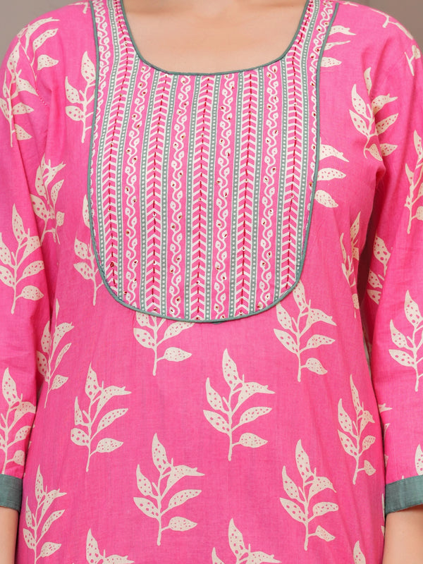 Pink Sanganeri Buti Print Cotton Kurta Pant Set with Mulmul Dupatta