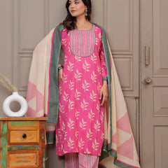Pink Sanganeri Buti Print Cotton Kurta Pant Set with Mulmul Dupatta