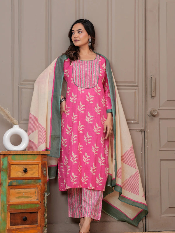 Pink Sanganeri Buti Print Cotton Kurta Pant Set with Mulmul Dupatta