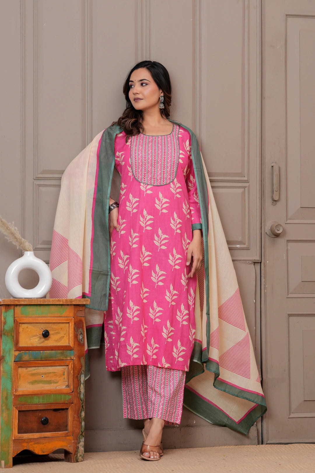 Pink Sanganeri Buti Print Cotton Kurta Pant Set with Mulmul Dupatta