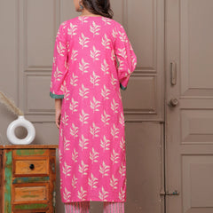 Pink Sanganeri Buti Print Cotton Kurta Pant Set with Mulmul Dupatta