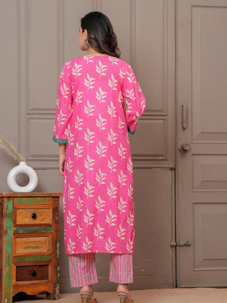 Pink Sanganeri Buti Print Cotton Kurta Pant Set with Mulmul Dupatta